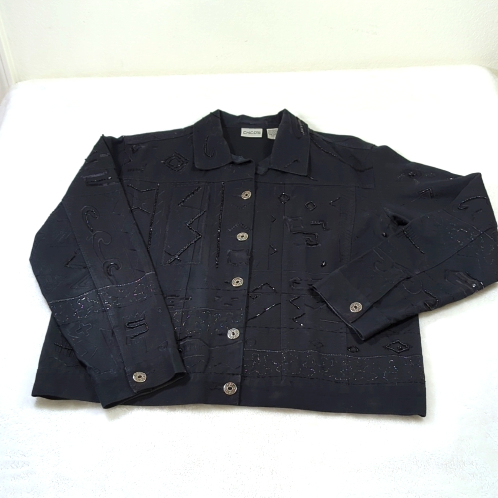 Chico's 1 Elegant embroidered jean jacket 8-10 EUC